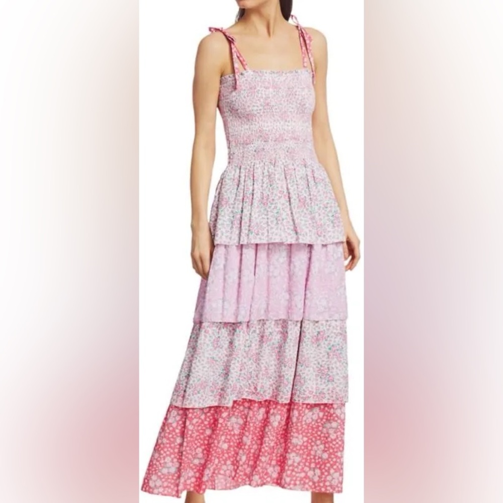 LoveShackFancy Smocked Floral Tiered Maxi Dress with Tie Straps - M - Picture 3 of 3